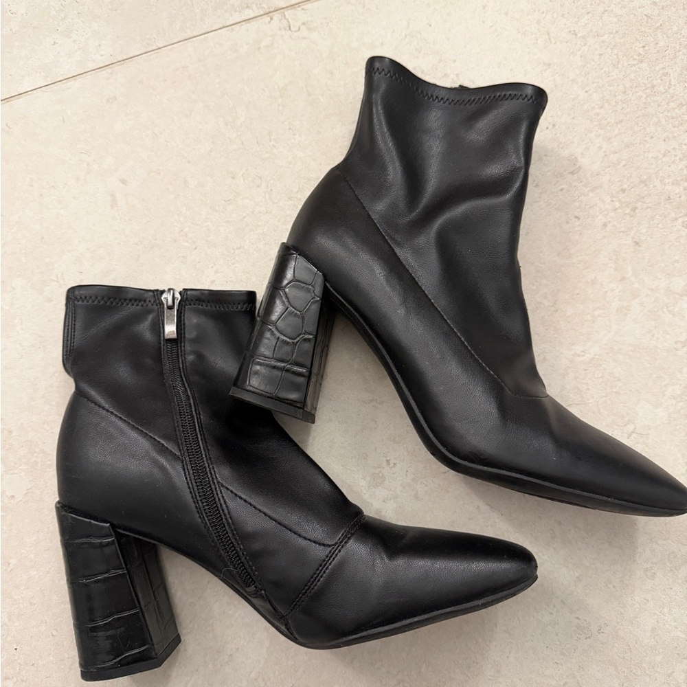 Franco Sarto Black Heeled Boots with Croc Detail